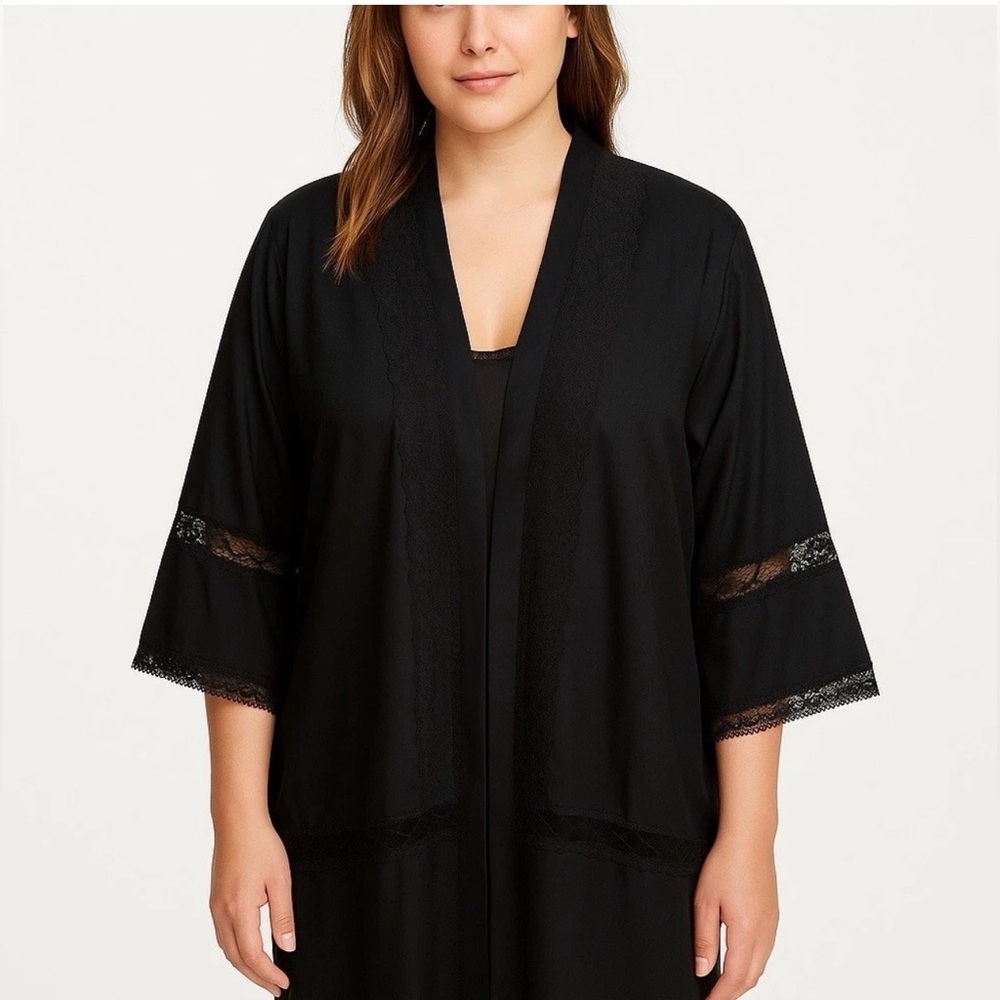 Bear Dance Womens Black 3/4 Sleeve Open‎ Front Kimono Top Size Large Beachy